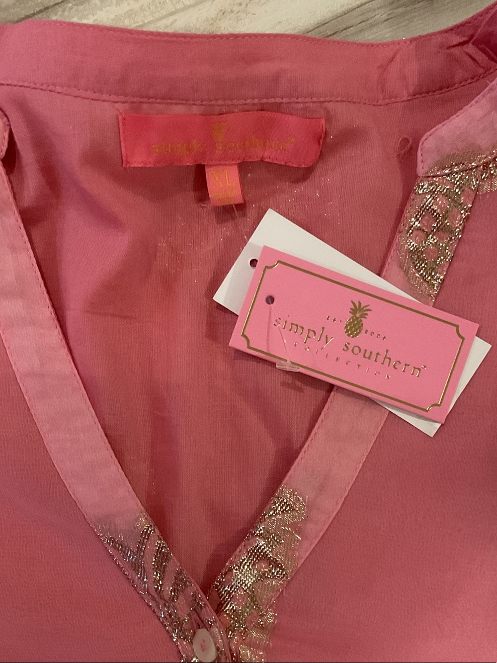 NWT, baby doll Simply Southern Pink Tiered Dress with Gold Foil Accents. - Picture 5 of 10